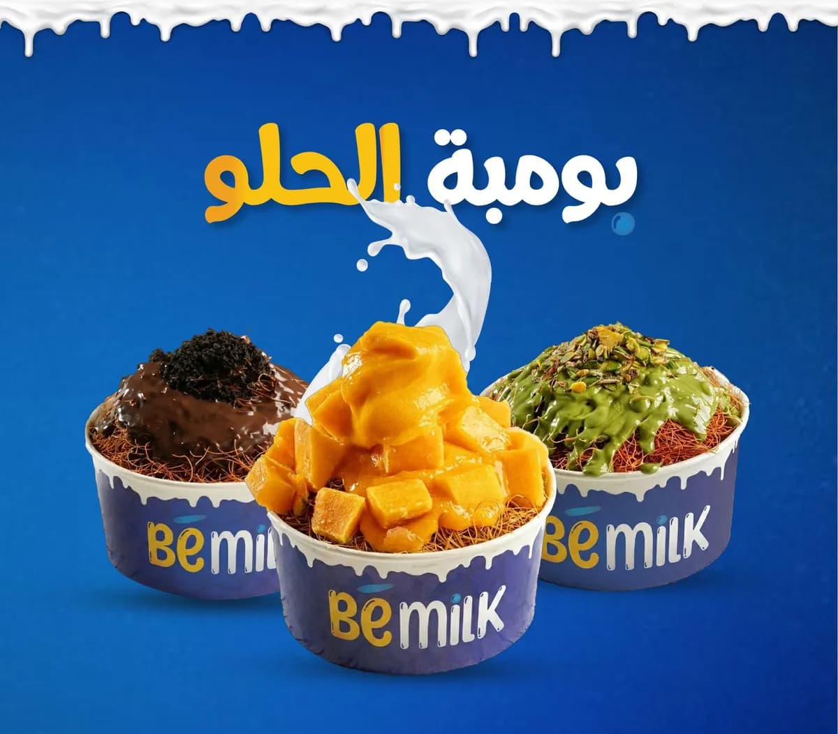 Drei Be Milk Dessert-Becher: Schokolade, Mango und Pistazie